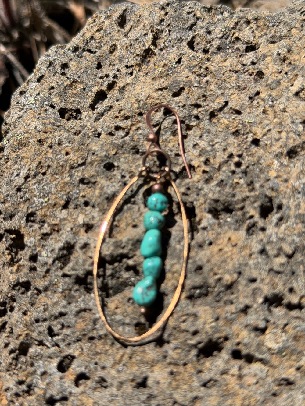 Turquoise Bead Copper Hoop Drop Earrings - Women Jewelry - Picture 3 of 3